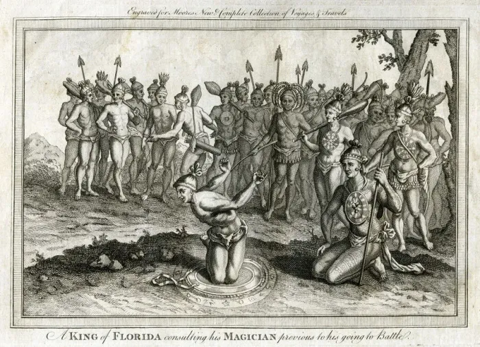 Framed Print : A King of Florida consulting his Magician previous to his going to Battle, c1760 Framed Print : A King of Florida consulting his Magician previous to his going to Battle, c1760