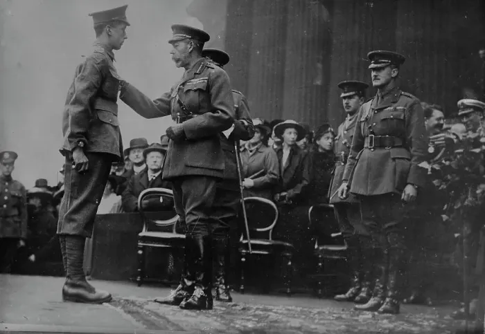 Framed Print : King George confers decorations, 1917. Creator: Bain News Service Framed Print : King George confers decorations, 1917. Creator: Bain News Service