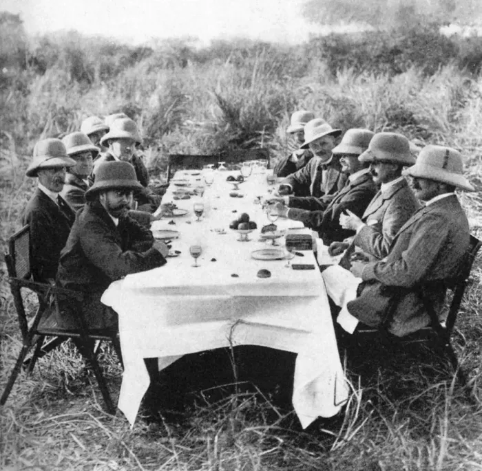 Framed Print : King George V (1865-1936) having lunch after tiger hunting in Nepal, 1911 (1936) Framed Print : King George V (1865-1936) having lunch after tiger hunting in Nepal, 1911 (1936)