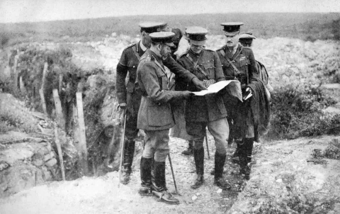 Framed Print : King George V (1865-1936) at St Georges Hill, near Fricourt, 10th August 1916, (1936)