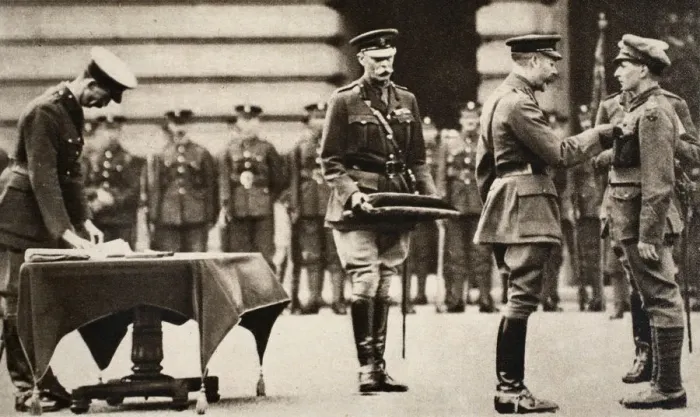 Framed Print : King George V awarding the Victoria Cross to Private Wilfred Edwards, 1917. Artist Framed Print : King George V awarding the Victoria Cross to Private Wilfred Edwards, 1917. Artist
