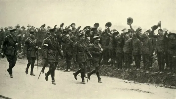Framed Print : King George V cheered by ANZAC troops at the Western Front, First World War, August 1916, (c1920) Framed Print : King George V cheered by ANZAC troops at the Western Front, First World War, August 1916, (c1920)