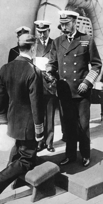 Framed Print : King George V knights Vice-Admiral Pakenham aboard HMS Princess Royal, c1930s Framed Print : King George V knights Vice-Admiral Pakenham aboard HMS Princess Royal, c1930s