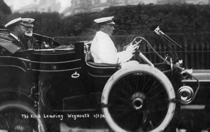 Framed Print : King George V leaving Weymouth, Dorset, by car, 11th March 1912 Framed Print : King George V leaving Weymouth, Dorset, by car, 11th March 1912