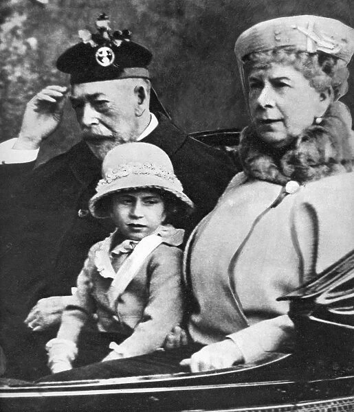 King George V and Queen Mary with Princess Margaret driving to church, Balmoral, c1930s