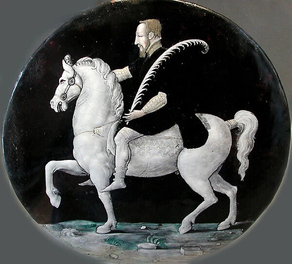 King Henry II of France on horseback (Plate), Mid of 16th cen Artist: Limousin (Limosin), Leonard (c. 1505-c. 1577)