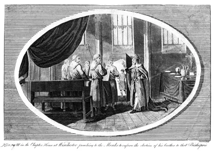 Framed Print : King Henry III (1207-1272) in the Chapter House at Winchester preaching to the monks, 19th century. Artist: Saunders Framed Print : King Henry III (1207-1272) in the Chapter House at Winchester preaching to the monks, 19th century. Artist: Saunders