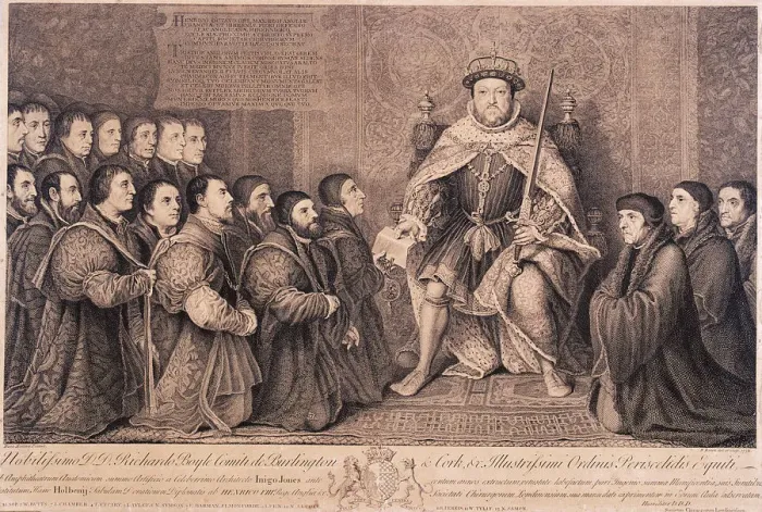 Framed Print : King Henry VIII surrounded by kneeling figures, 1736. Artist: Bernard Baron Framed Print : King Henry VIII surrounded by kneeling figures, 1736. Artist: Bernard Baron