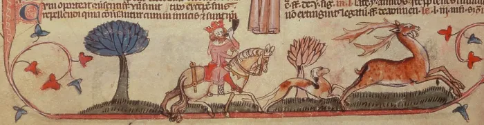 Framed Print : A king with his hunting dog, chasing a stag, c1300-c1325. Creator: Unknown Framed Print : A king with his hunting dog, chasing a stag, c1300-c1325. Creator: Unknown