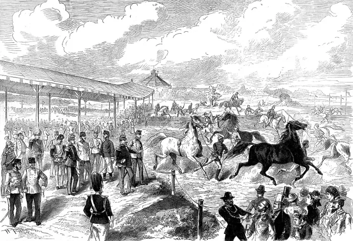 Framed Print : The King of Italy in Vienna: exhibition of horses, 1873. Creator: Unknown