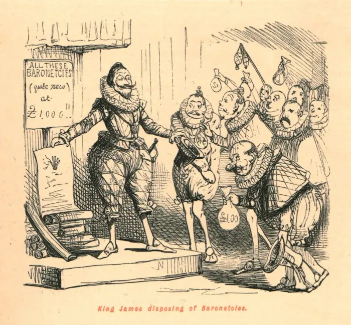 Framed Print : King James disposing of Baronetcies, 1897. Creator: John Leech Framed Print : King James disposing of Baronetcies, 1897. Creator: John Leech