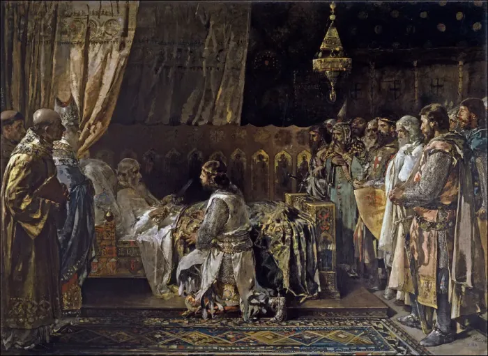 Framed Print : King James I the Conqueror Gives His Sword to His Son, Pedro, 1881. Artist: Pinazo Camarlench, Ignacio (1849-1916) Framed Print : King James I the Conqueror Gives His Sword to His Son, Pedro, 1881. Artist: Pinazo Camarlench, Ignacio (1849-1916)