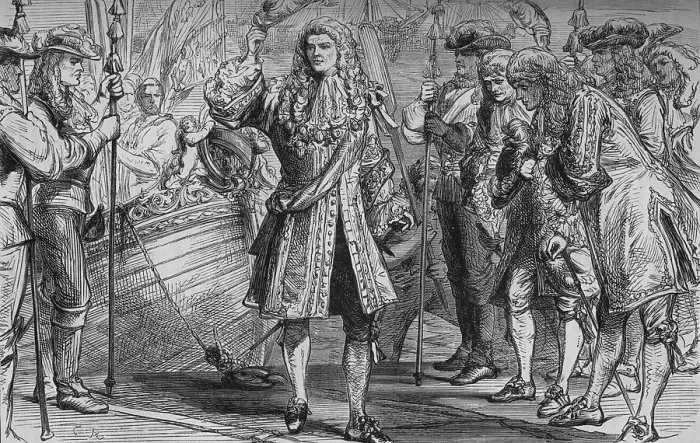 Framed Print : King James II. Landing at Kinsale, 12 March 1689, (c1880) Framed Print : King James II. Landing at Kinsale, 12 March 1689, (c1880)