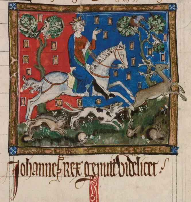 Framed Print : King John hunting on horseback, 14th century. Artist: Anonymous Framed Print : King John hunting on horseback, 14th century. Artist: Anonymous