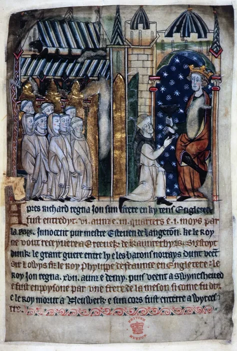 Framed Print : King John is offered a poisoned chalice by a monk, c1280-c1300. Creator: Unknown Framed Print : King John is offered a poisoned chalice by a monk, c1280-c1300. Creator: Unknown