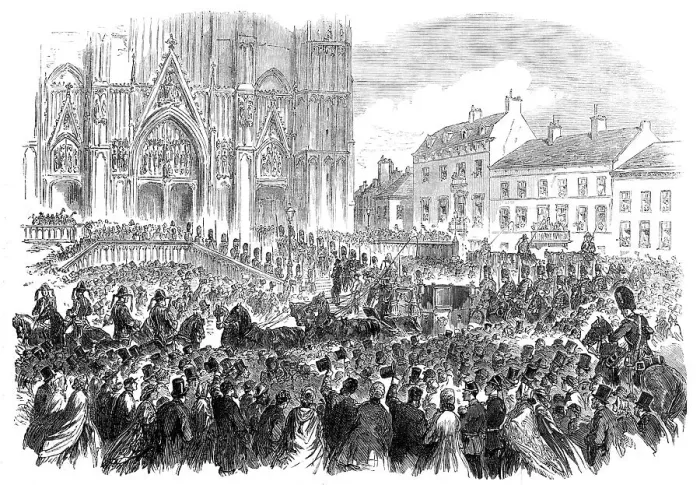 Framed Print : King Leopold II. entering the Church of St. Gudule, at Brussels... 1865. Creator: Unknown Framed Print : King Leopold II. entering the Church of St. Gudule, at Brussels... 1865. Creator: Unknown