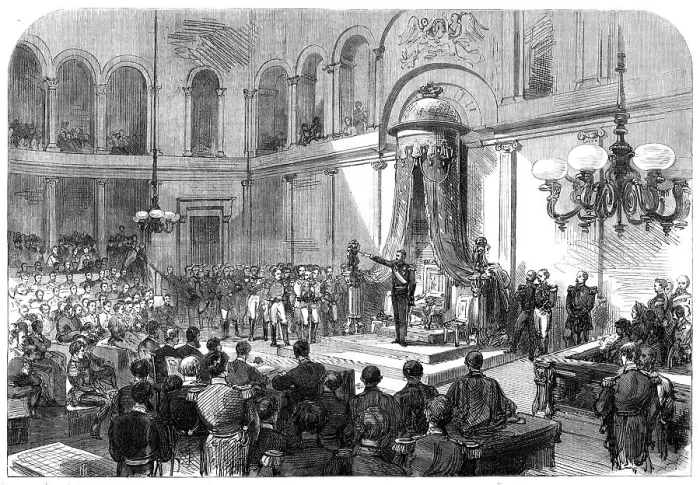Framed Print : King Leopold II. taking the oath before the Belgian Senate and Chamber of Deputies... 1865. Creator: Unknown Framed Print : King Leopold II. taking the oath before the Belgian Senate and Chamber of Deputies... 1865. Creator: Unknown