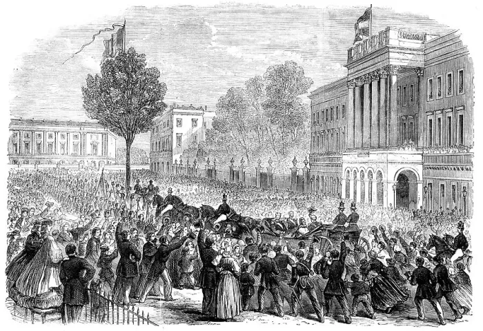 Framed Print : King Leopold's public entry into Brussels...arrival of His Majesty at the palace... 1862. Creator: Unknown Framed Print : King Leopold's public entry into Brussels...arrival of His Majesty at the palace... 1862. Creator: Unknown