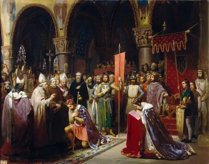 Framed Print : King Louis VII takes the standard at Saint-Denis. Artist: Mauzaisse, Jean-Baptiste (1784-1844)