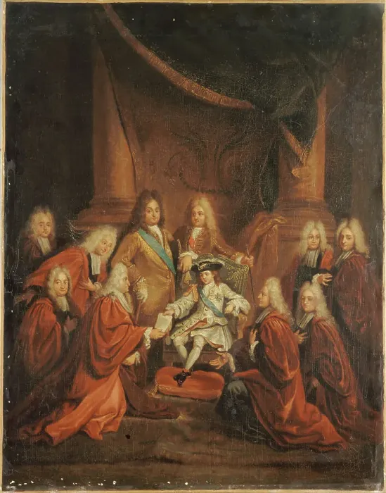 Framed Print : King Louis XV (1710-1774) child granting letters of nobility to the city body in 1716, 1716. Creator: Boullogne, Louis de, the Younger (1654-1733) Framed Print : King Louis XV (1710-1774) child granting letters of nobility to the city body in 1716, 1716. Creator: Boullogne, Louis de, the Younger (1654-1733)