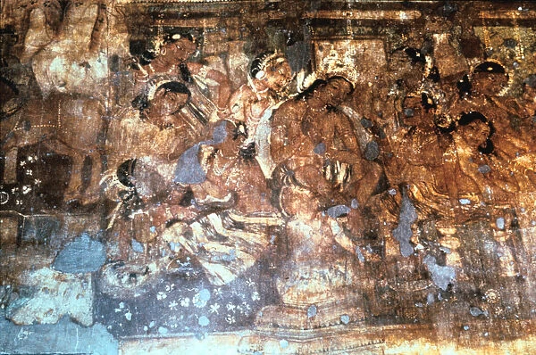 King Mahajanaka listening to Queen Vivali, Ajanta cave fresco, India, 1st-5th century AD