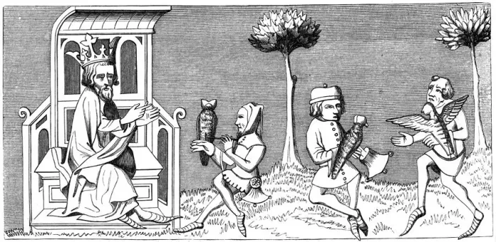 Framed Print : King Modus teaching the art of falconry, 14th century (1849) Framed Print : King Modus teaching the art of falconry, 14th century (1849)