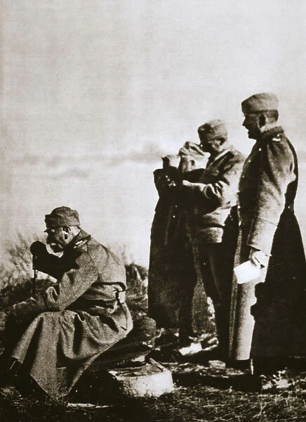 King Peter I of Serbia watching the retreat of his defeated army, 1914