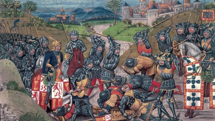 Framed Print : The King of Portugal fighting at the Battle of Aljubarrota, 1385, (15th century). Creator: Unknown Framed Print : The King of Portugal fighting at the Battle of Aljubarrota, 1385, (15th century). Creator: Unknown