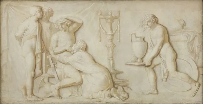 Framed Print : King Priam Pleading with Achilles for the Corpse of Hector, 1794-1798. Creator: Nicolai Abraham Abildgaard Framed Print : King Priam Pleading with Achilles for the Corpse of Hector, 1794-1798. Creator: Nicolai Abraham Abildgaard
