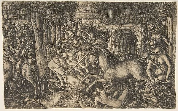 A King Pursued by a Unicorn, from the Unicorn Series, ca. 1555. Creator: Jean Duvet