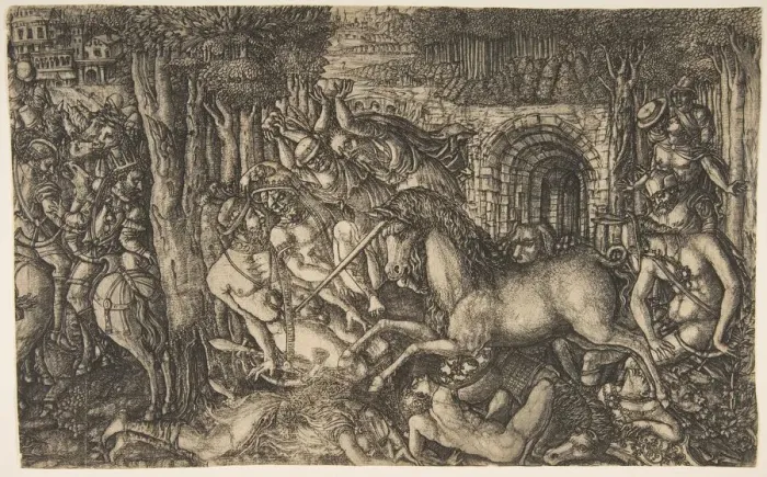 Framed Print : A King Pursued by a Unicorn, from the Unicorn Series, ca. 1555. Creator: Jean Duvet Framed Print : A King Pursued by a Unicorn, from the Unicorn Series, ca. 1555. Creator: Jean Duvet