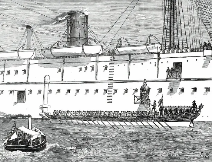 Framed Print : The King and Queen of Portugal going on board the Serapis in their State Barge...1876. Creator: L.B Framed Print : The King and Queen of Portugal going on board the Serapis in their State Barge...1876. Creator: L.B