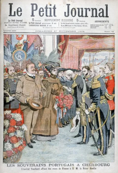 Framed Print : King and Queen of Portugal, presented with flowers by Admiral Touchard, 1904 Framed Print : King and Queen of Portugal, presented with flowers by Admiral Touchard, 1904