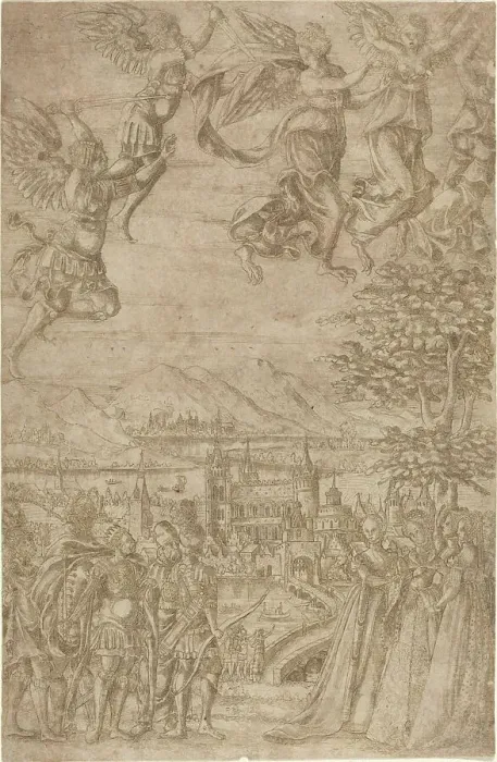 Framed Print : A King and His Retinue Confronting Ladies under a Celestial Battle, c. 1600. Creator: Unknown