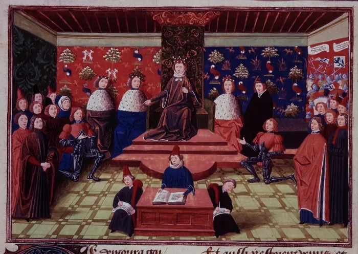 Framed Print : King Richard II of England banishing the Earl Marshall and the Earl of Derby, c1470-c1472. Creator: Unknown Framed Print : King Richard II of England banishing the Earl Marshall and the Earl of Derby, c1470-c1472. Creator: Unknown
