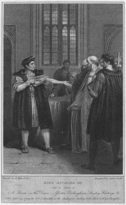 Framed Print : King Richard III. Act 3. Scene 4. A Room in the Tower - Gloucester, Buckingham, Stanley, Hastings & Artist: Anker Smith Framed Print : King Richard III. Act 3. Scene 4. A Room in the Tower - Gloucester, Buckingham, Stanley, Hastings & Artist: Anker Smith
