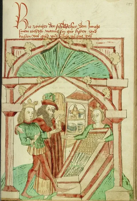 Framed Print : The King Showing his Son-in-Law a Chest of Silver and Gold; Barlaam und Josaphat, 1469. Creators: Hans Schilling, Diebolt Lauber Framed Print : The King Showing his Son-in-Law a Chest of Silver and Gold; Barlaam und Josaphat, 1469. Creators: Hans Schilling, Diebolt Lauber
