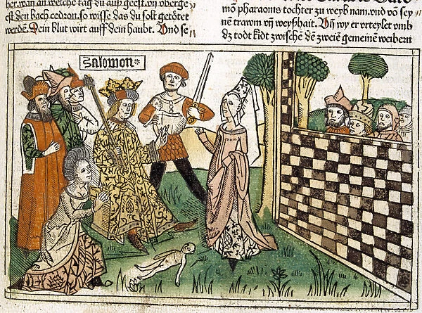 King Solomons judgment, scene in the Bible of Nuremberg written in German, 1483
