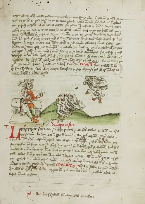 Framed Print : A King Speaking to a Flock of Doves; Fables, third quarter of 15th century. Creator: Unknown Framed Print : A King Speaking to a Flock of Doves; Fables, third quarter of 15th century. Creator: Unknown