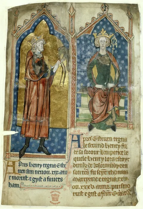 Framed Print : King Stephen standing with a falcon, and King Henry II seated on his throne, c1280-1300. Creator: Unknown Framed Print : King Stephen standing with a falcon, and King Henry II seated on his throne, c1280-1300. Creator: Unknown