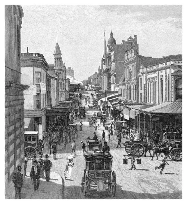 Framed Print : King Street, Sydney, New South Wales, Australia, 1886. Artist: JR Ashton Framed Print : King Street, Sydney, New South Wales, Australia, 1886. Artist: JR Ashton