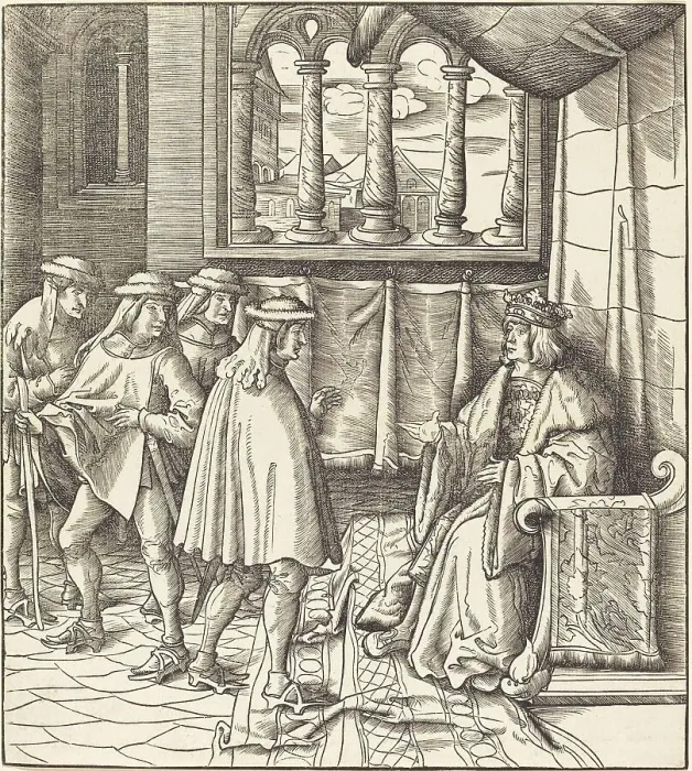Framed Print : A King on a Throne, before him Four Men, 1514 / 1516. Creator: Leonhard Beck Framed Print : A King on a Throne, before him Four Men, 1514 / 1516. Creator: Leonhard Beck