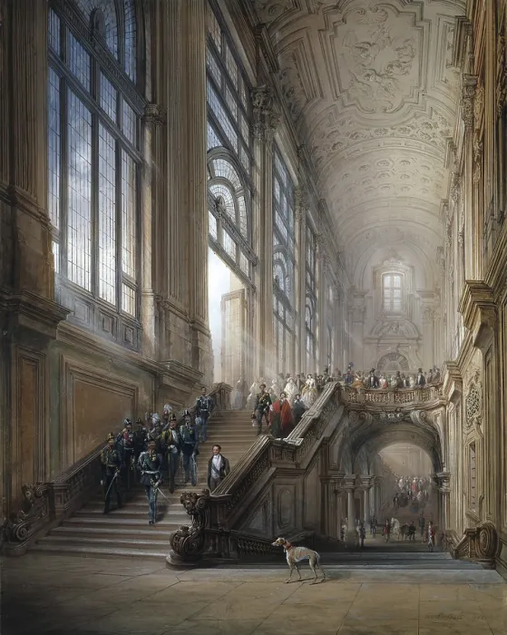 Framed Print : King Victor Emanuel II, Camillo Benso Count of Cavour with entourage on the steps of the... 1853. Creator: Bossoli, Carlo (1815-1884) Framed Print : King Victor Emanuel II, Camillo Benso Count of Cavour with entourage on the steps of the... 1853. Creator: Bossoli, Carlo (1815-1884)