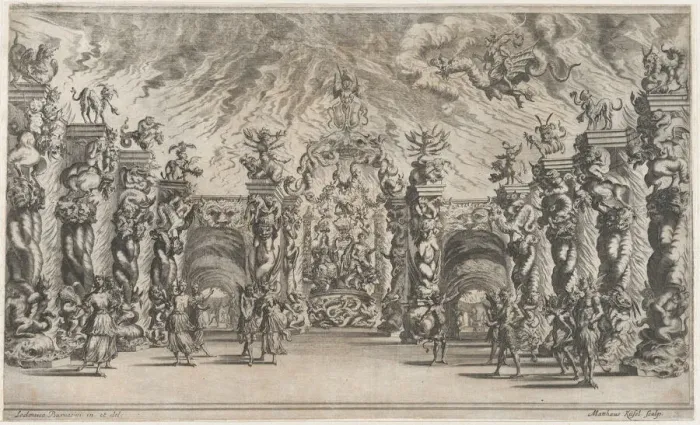 Framed Print : Kingdom of Pluto; a view of the underworld with Pluto and Proserpina enthroned at center... 1668. Creator: Mathaus Küsel Framed Print : Kingdom of Pluto; a view of the underworld with Pluto and Proserpina enthroned at center... 1668. Creator: Mathaus Küsel