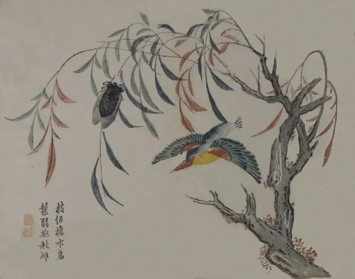 Framed Print : Kingfisher, Cicada, and Willow Tree, 19th century. Creator: Unknown Framed Print : Kingfisher, Cicada, and Willow Tree, 19th century. Creator: Unknown