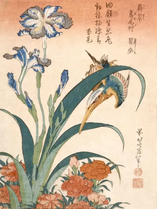Framed Print : Kingfisher, Irises and Pinks, published c1834. Creator: Katsushika Hokusai (1760-1849) Framed Print : Kingfisher, Irises and Pinks, published c1834. Creator: Katsushika Hokusai (1760-1849)