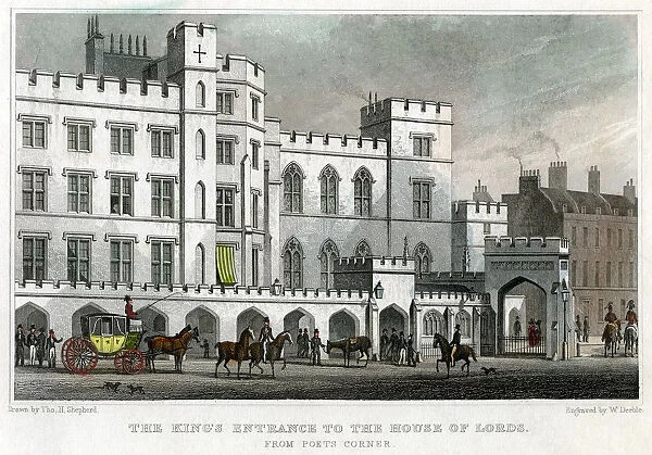 The Kings entrance to the House of Lords, Palace of Westminster, London, 1829. Artist: William Deeble