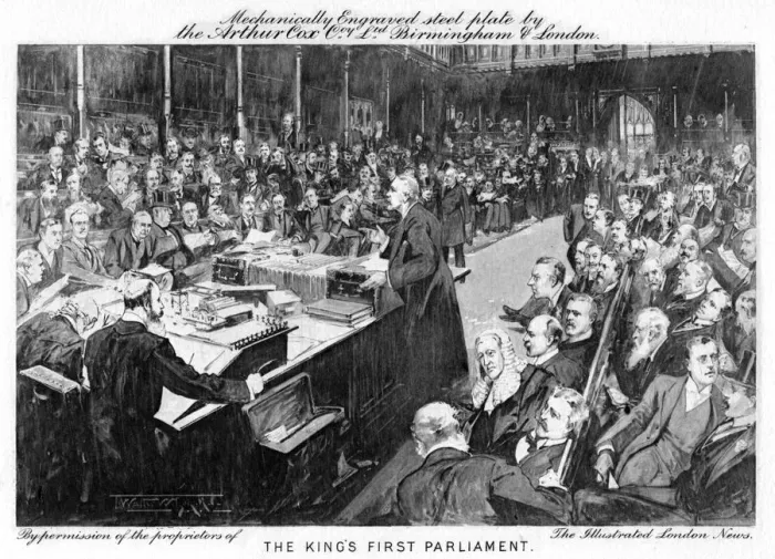 Framed Print : The kings first parliament, 1902-1903. Artist: Arthur Cox Illustrating Co