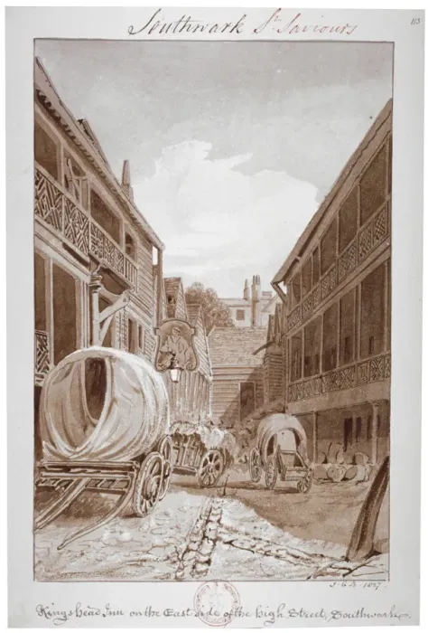 Framed Print : Kings Head Inn on the East Side of the High Street, Southwark, London, 1827 Framed Print : Kings Head Inn on the East Side of the High Street, Southwark, London, 1827