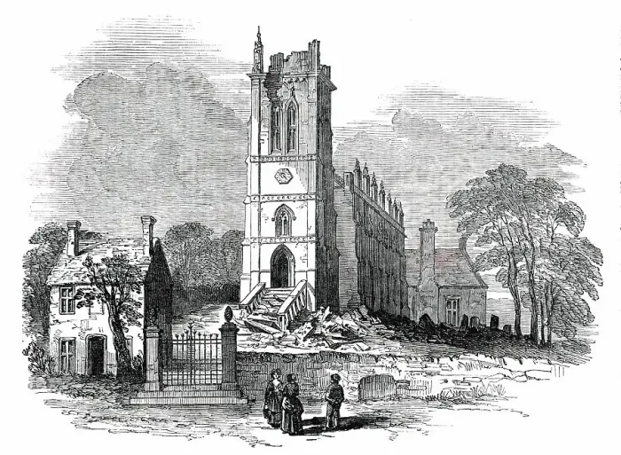 Framed Print : King's Norton Church, Leicestershire, Struck by Lightning, 1850. Creator: Unknown Framed Print : King's Norton Church, Leicestershire, Struck by Lightning, 1850. Creator: Unknown